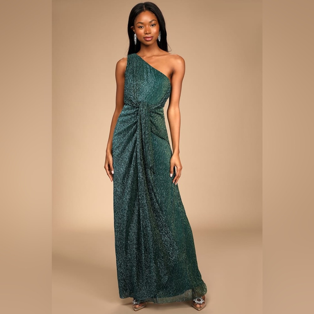 Lulu’s Glamorous Glitz Shiny Teal Green One-Shoulder Maxi Dress